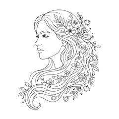 Elegant Female Side Profile Portrait with Flowers and Leaves in Long Wavy Hair Line Art Drawing © Taufik-DeGra