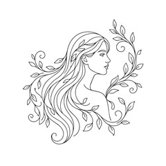 Minimalist Line Art Woman Profile Portrait with Long Flowing Hair and Floral Botanical Leaves © Taufik-DeGra