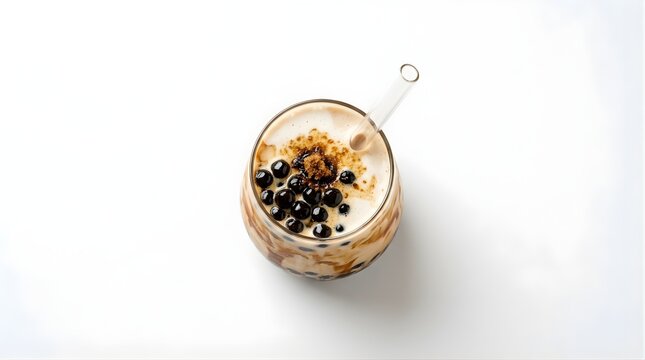 Top view of brown sugar bubble tea in glass with tapioca pearls and milk tea for refreshment and sweet beverage menus