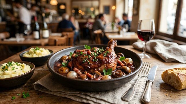 Classic coq au vin served with mashed potatoes and wine in a rustic French restaurant setting, traditional poultry stew dinner