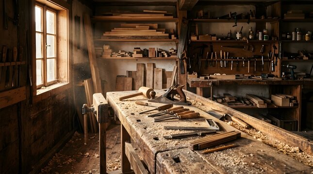 Traditional woodworking workshop with carpenter tools and wooden workbench in sunlit room