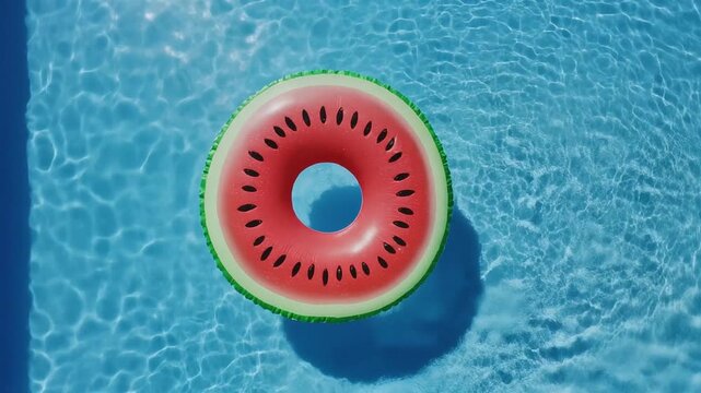 A vibrant top-down shot of a colorful watermelon pool float drifting on crystal-clear blue water with sun reflections, perfect for summer vibes.