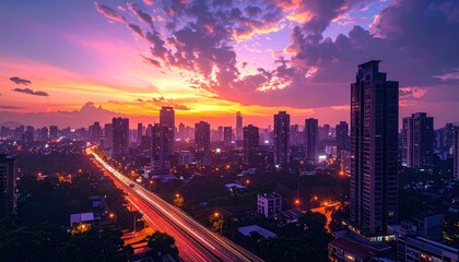 Fototapeta premium City skyline at sunset with long exposure traffic trails and vibrant, colorful sky