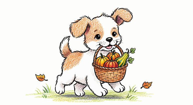Cute Puppy Carrying a Basket of Fall Harvest Vegetables
