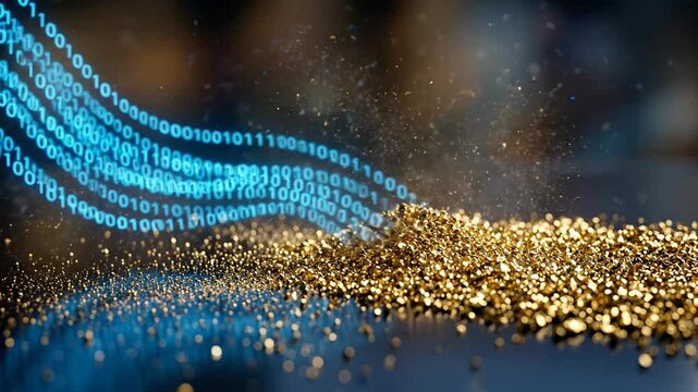 Glowing digital stream of blue binary code transforms into gold dust, showcasing dynamic financial technology monetization, inspiring awe, excitement, and virtual wealth creation from raw data