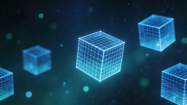 Blue glowing wireframe cubes in space