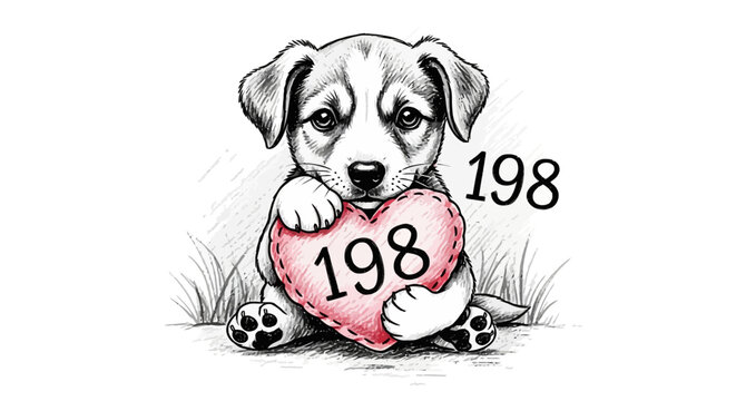 Cute Puppy Sketch Holding a Pink Heart with 198 Number Illustration