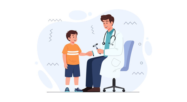 Pediatrician performing reflex test on a young boy during a medical check-up, modern vector illustration