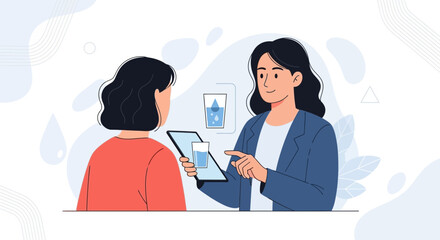 Obraz premium Two women discussing water quality or hydration levels on a tablet, modern flat illustration with abstract background.