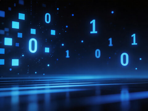Digital binary code in blue light