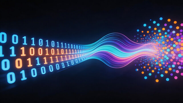 Binary code flow with colorful wave