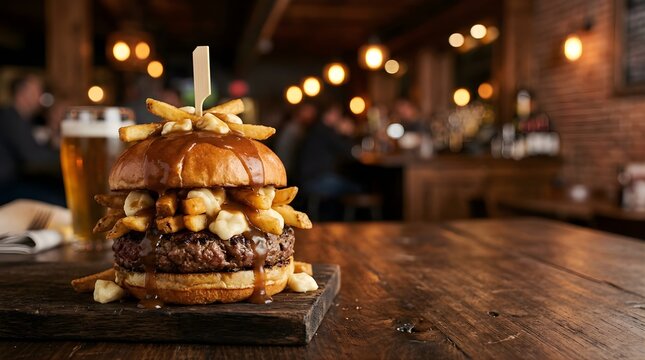 Gourmet poutine burger served on a wooden board with beer in a pub