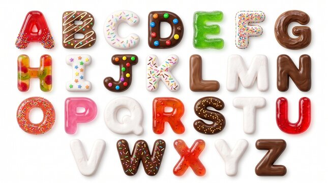 alphabet from A to Z made of various sweet candies, glazed chocolates, and white icing isolated on a white background