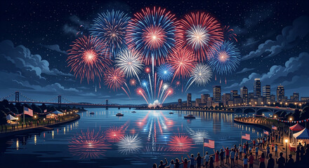 Fototapeta premium Patriotic Fireworks Display, Nighttime City Skyline, Red White Blue Explosions, Waterfront Celebration isolated on Transparent Background
