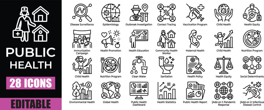 A comprehensive set of 28 editable line icons representing various aspects of public health, including disease control, community services, environmental factors, and health policy.