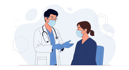 Fototapeta premium Doctor and Patient Wearing Masks in Consultation Room, Medical Consultation, Healthcare Discussion