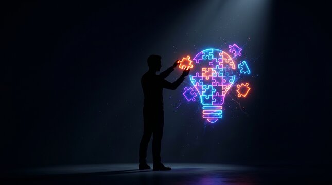 Man reaching towards a glowing lightbulb formed from puzzle pieces on a dark background