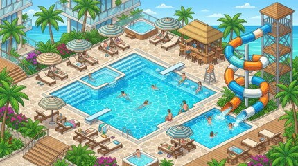 Fototapeta premium Luxury resort swimming pool tropical beach vacation getaway with swimming vacation tropical