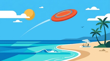 Fototapeta premium Flying frisbee disc over tropical ocean beach on sunny summer day with sunshine vacation tropical
