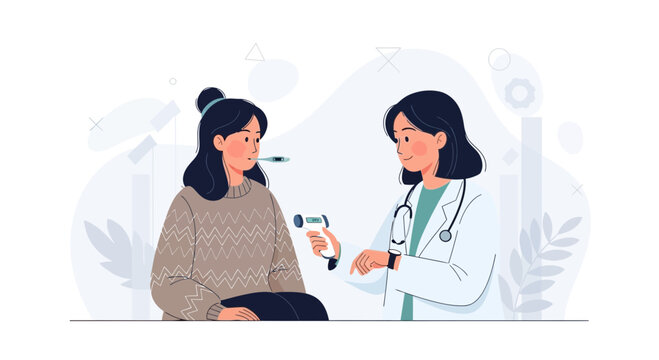 Doctor checking patient's temperature with digital thermometer, modern flat illustration style