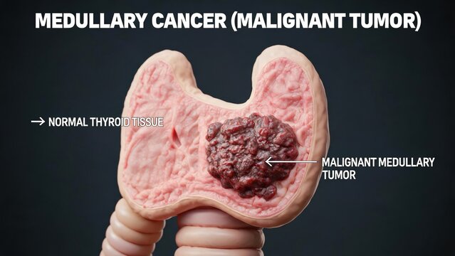 Labeled 3D Medical Illustration of Thyroid Medullary Cancer, Cross Section of Thyroid Gland Showing Healthy Normal Thyroid Tissue vs Large Malignant Medullary Tumor, Dark Grey Scientific Background On