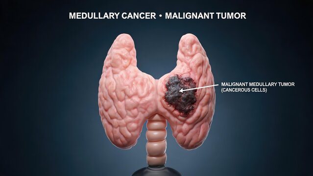 Labeled 3D Biomedical Anatomical Model of Thyroid Medullary Cancer, Full Thyroid Gland with Dark Malignant Medullary Tumor of Cancerous Cells, Dark Blue Gradient Scientific Background Endocrinology On