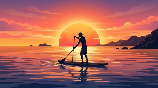 Silhouette man stand up paddle boarding at sunset ocean with paddleboard silhouette vacation