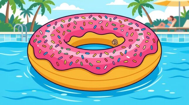 Pink donut pool float resting on turquoise swimming pool water with vacation tropical sunshine