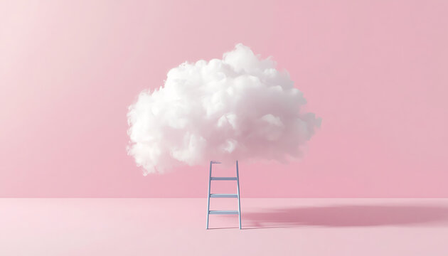3d render, white fluffy cloud above the blue ladder, isolated on pink background 