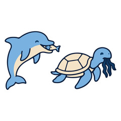 Naklejka premium Sea Animals Concept with Playful Dolphin and Sea Turtle Catching Jellyfish 