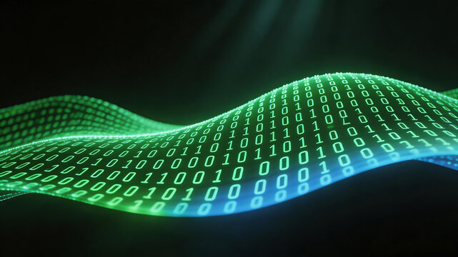 Binary code wave on dark background