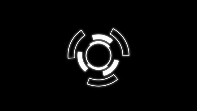 Abstract futuristic HUD interface element animation on black background, futuristic scanning circle with rotating segments, sci fi technology concept, digital interface display
