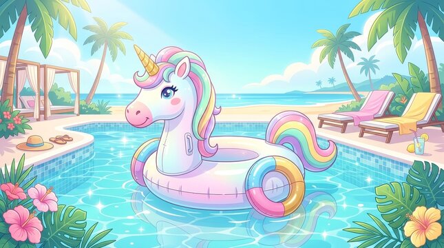 Cute unicorn inflatable pool float at tropical resort with inflatable vacation tropical sunshine