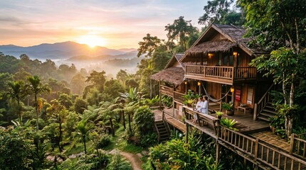 Obraz premium Couple in robes at a wooden lodge in the Thai jungle at sunrise
