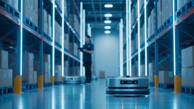 Logistics - Autonomous Mobile Robots Navigating Smart Warehouse Aisle With Blue Neon Lights and Worker