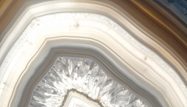 Close-up of a polished agate slice showing concentric bands of color and crystalline structure.