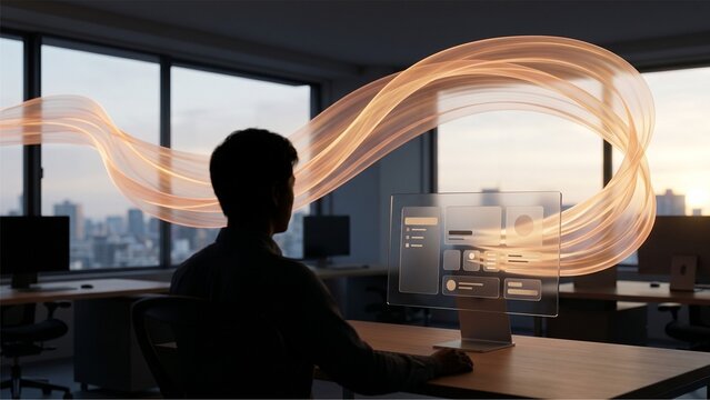 Developer silhouette watching a floating amber light ribbon stream into a glass monitor