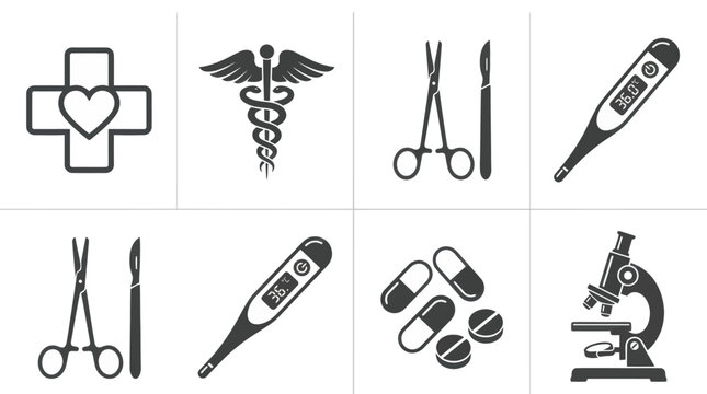 Medical icon set with heart cross, caduceus, surgical tools and thermometer