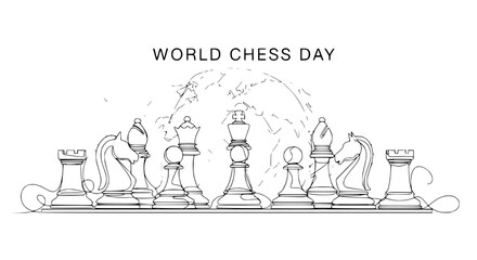 World Chess Day: Minimalist Line Art of Chess Pieces with Globe Outline © Ellaut