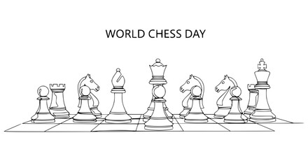 World Chess Day Celebration - Line Art Chess Pieces on Board © Ellaut