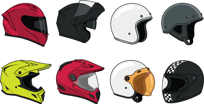 Motorcycle Helmet Vector Icon Set Featuring Full Face, Modular, Open Face, Motocross, Dual Sport, and Half Shell Helmets for Biker Gear Designs
