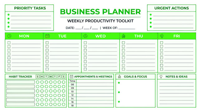 Weekly business planner template with task management and habit tracker