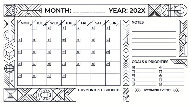 Monthly calendar organizer with geometric line art and priority list