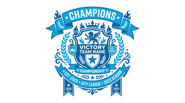 Blue heraldic championship emblem with winged lion and laurel wreath