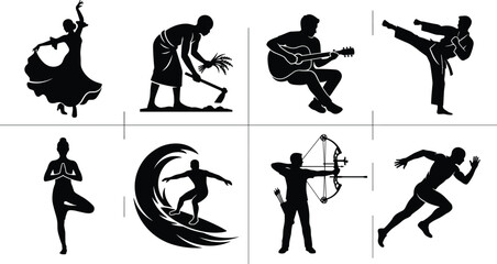 Obraz premium Silhouette Collection of Human Activities Including Dance, Sports, Music, and Yoga