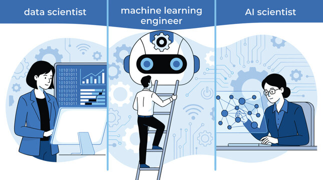 AI professions comparison vector illustration with data scientist, machine learning engineer, and artificial intelligence scientist design