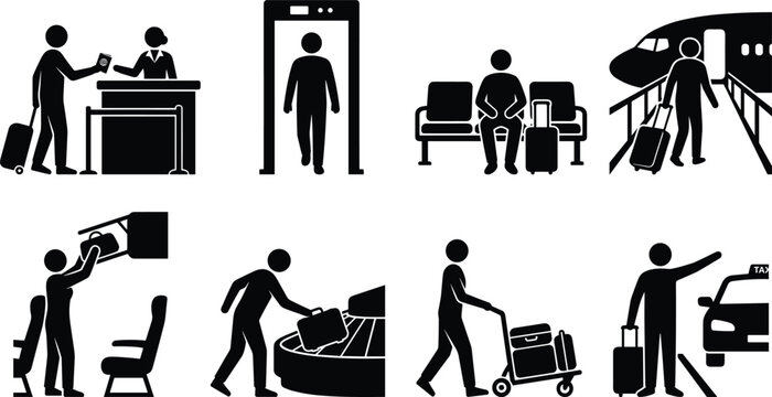 Air Travel Journey Icons Showing Passenger Process from Check‑In to Arrival