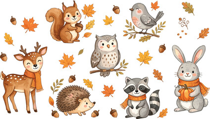 Naklejka premium Autumn woodland animals vector illustration with squirrel, owl, deer, raccoon, rabbit, fall leaves, and seasonal design