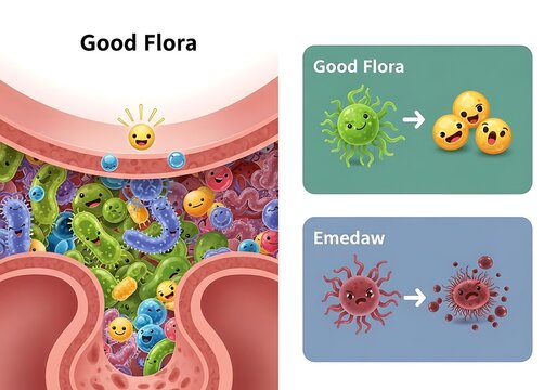 Bright Microbiome Scene with Happy Sun and Microbes in Intestinal Wall