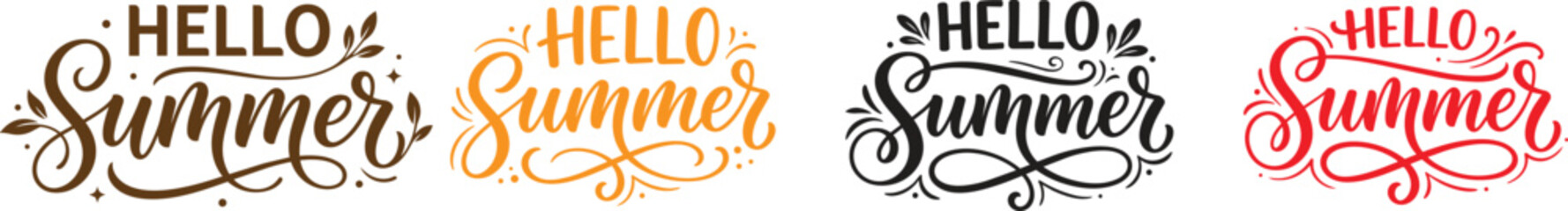 Hello Summer calligraphy designs in four vibrant colors with decorative leaf accents for seasonal greetings © Ratul